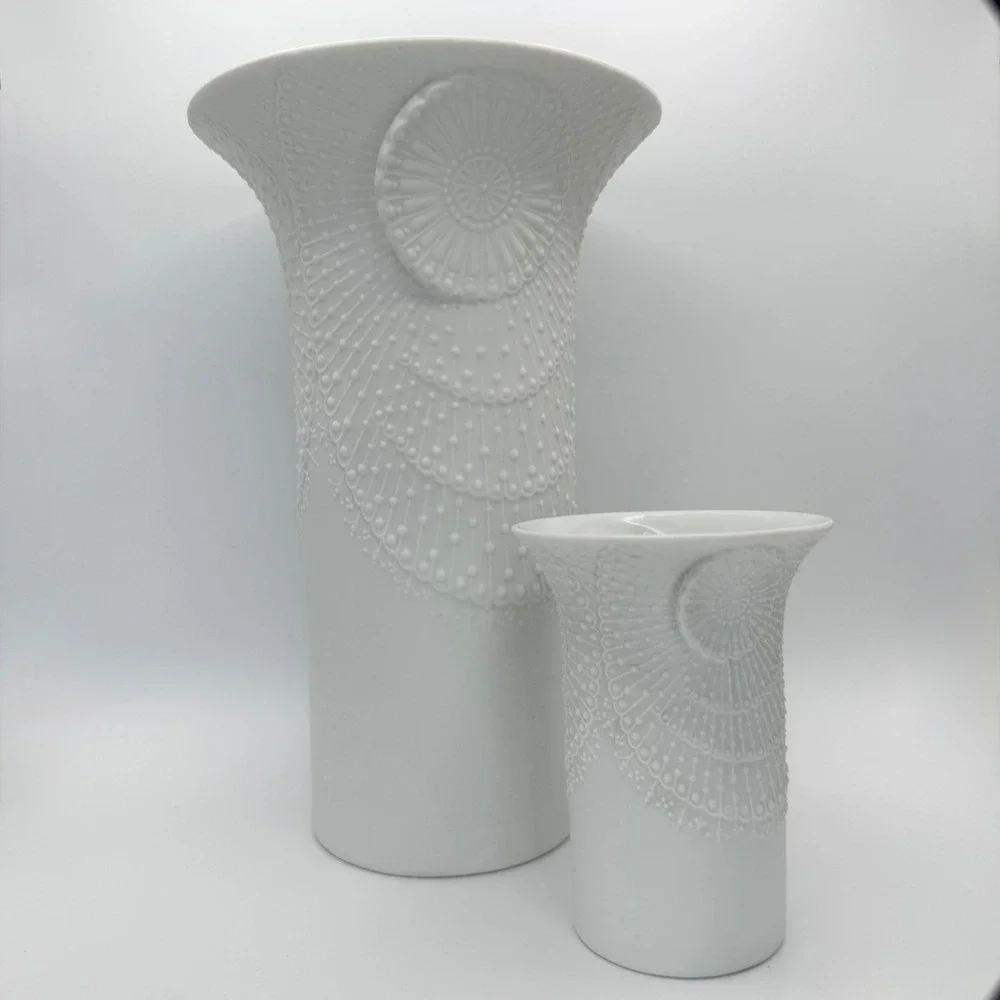 Vintage Kaiser White Bisque Porcelain Floral Vase Set MCM Minimalist Op Art Frey